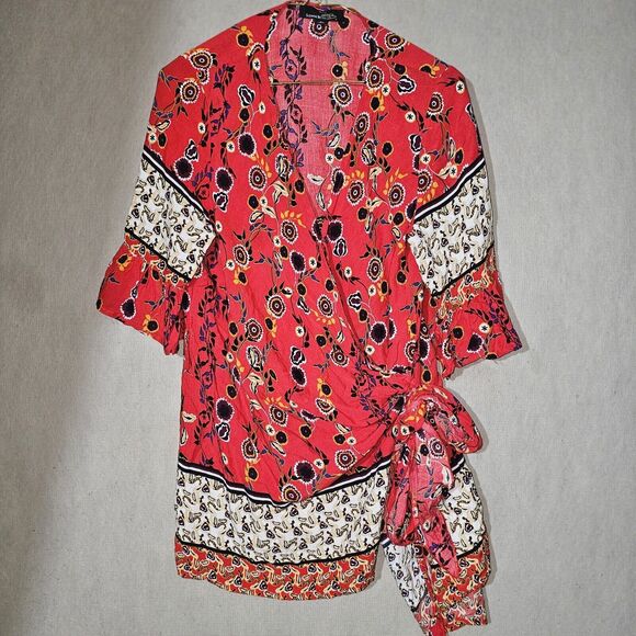 Suzanne Betro Red Boho Wrap Tunic Top Womens Large Lightweight Festival Duster - Picture 1 of 12